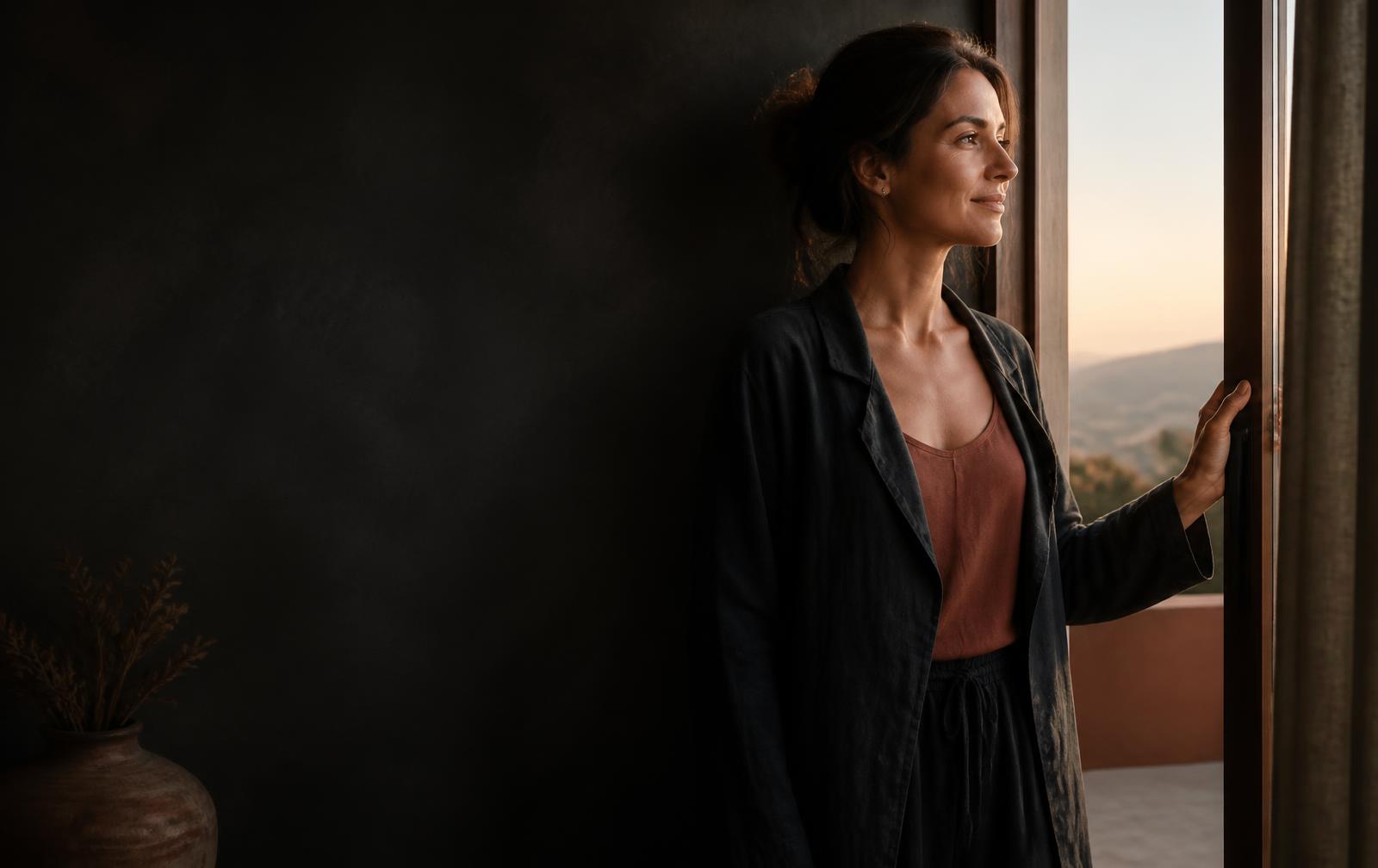 Mulher contemplando um novo começo diante de uma porta aberta